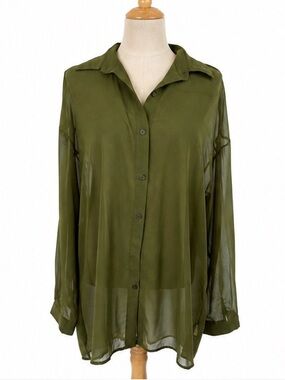 Beautiful Women Be Your Own Queen Olive Green Sheer Button Down Tunic Blouse M